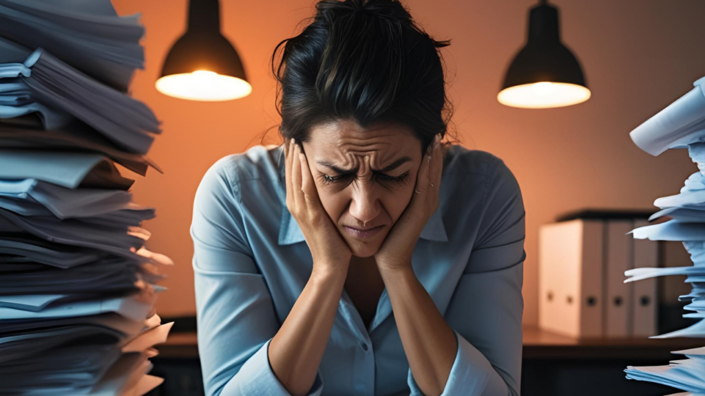 Stressed entrepreneur overwhelmed with work, surrounded by paperwork and a laptop.