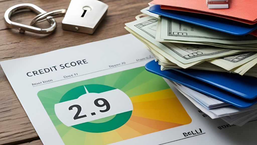 Low credit score report and stack of unpaid bills symbolizing financial stress.